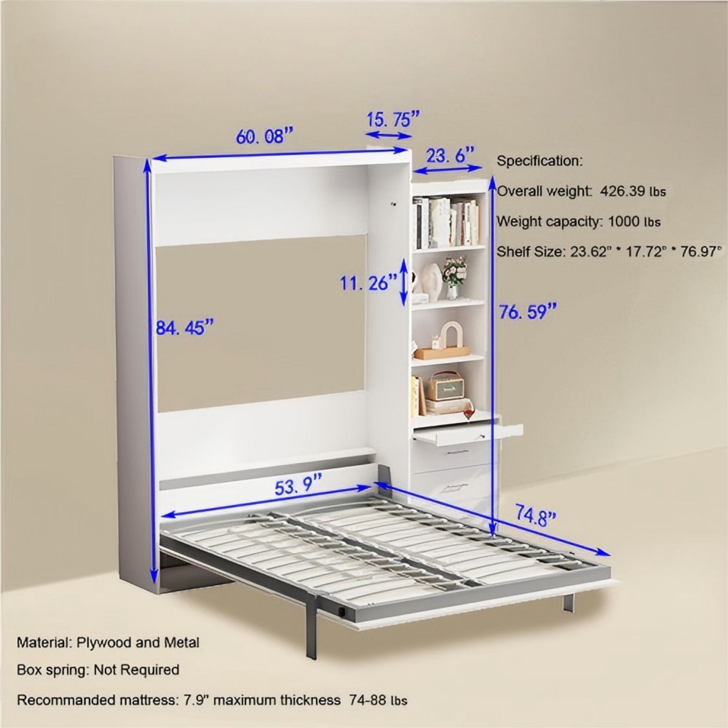 Morden Deisgn Vertical Murphy Bed With Shelf And Drawers For Bedroom Or Guestroom Wall Bed Space Saving Hidden Bed With New Style Gas Struts