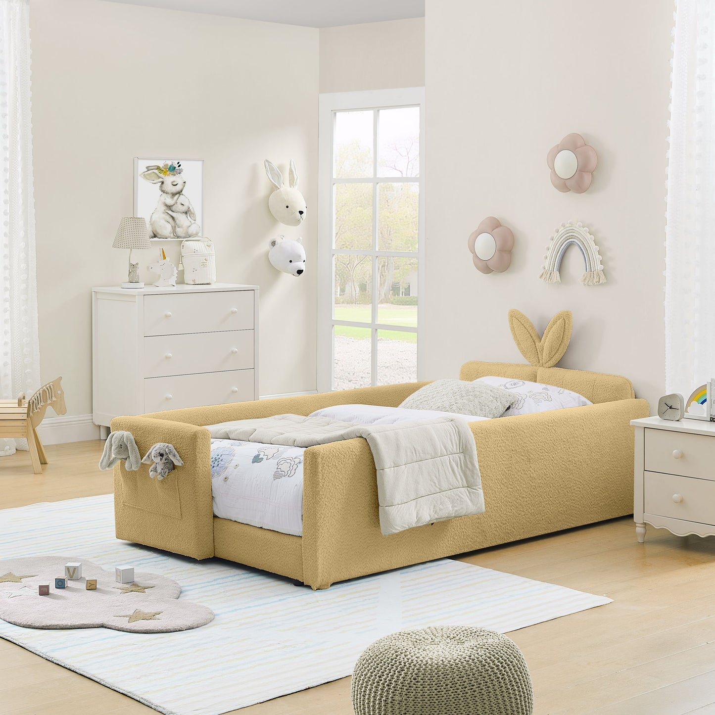 Cute Rabbit Ear Upholstered Platform Bed Frame With Safety Rail