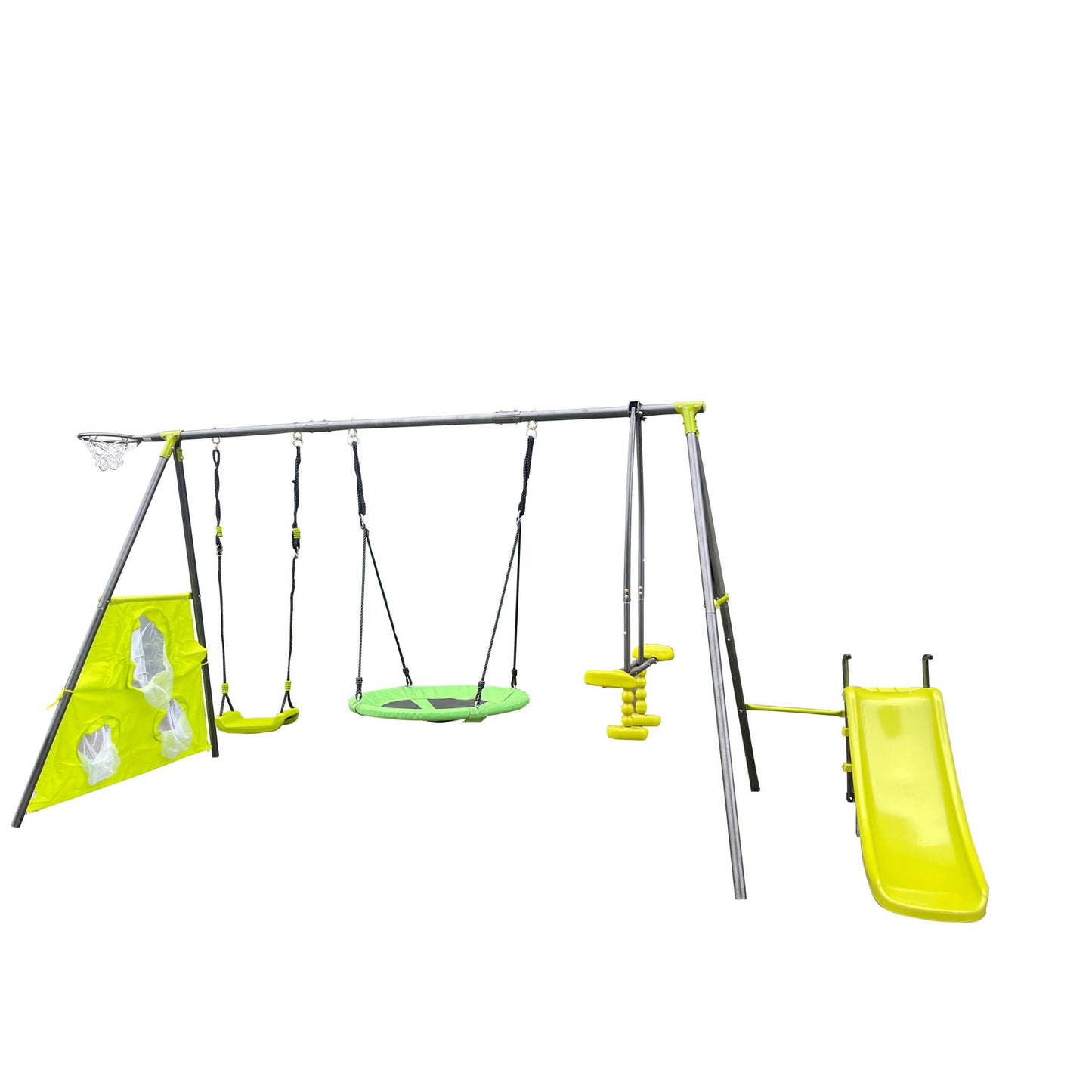 Interesting Six Function Swingset With Net Swing Metal Plastic Safe Swing Set 440Lbs For Outdoor Playground For Age 3+ With 31.5" Net Swing - Gray / Blue