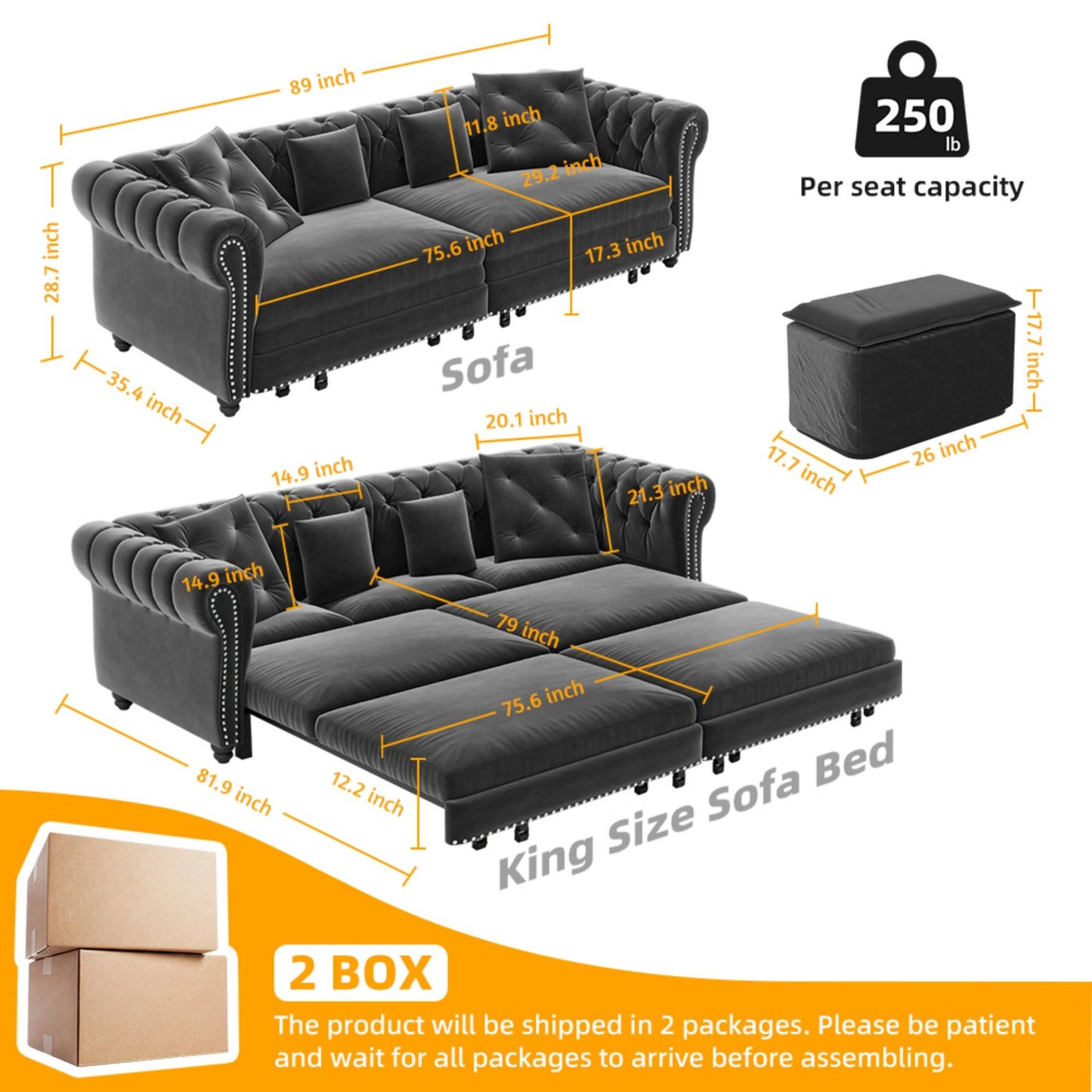 3 In 1 Pull Out Convertible Sleeper Sofa Bed, King Size, Chaise Lounge