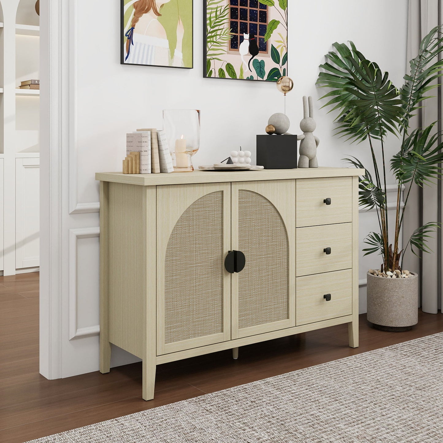 Rattan 2 Door 3 Drawer Cabinet, Suitable For Bedroom - Natural