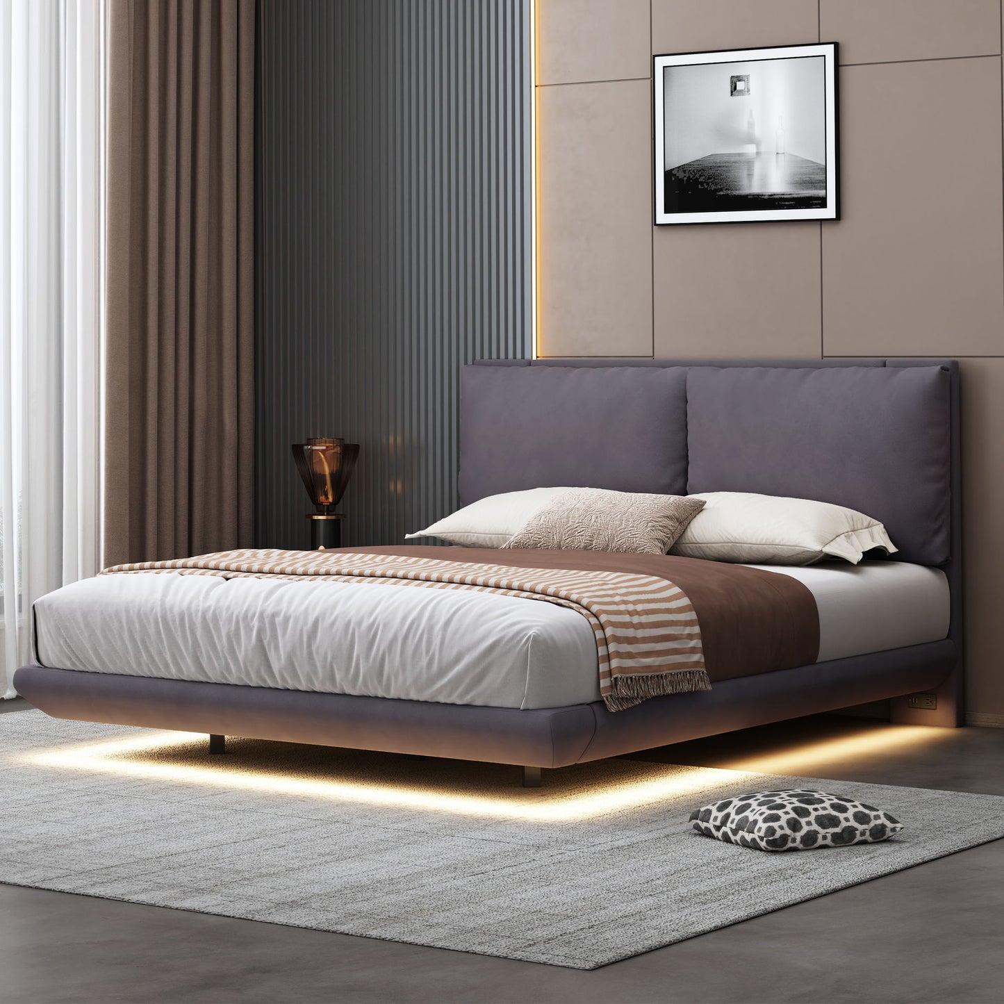 Upholstered Platform Bed With Sensor Light And 2 Large Backrests, With 2 Sets Of USB Port And Socket On Each Rear Bed Leg