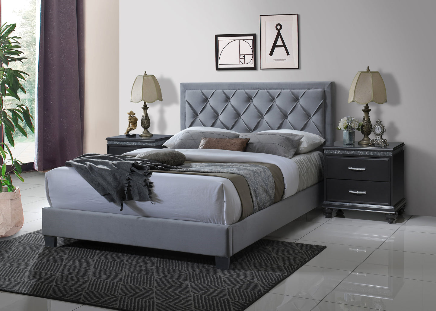 Contemporary Upholstered Queen Panel Bed with Button-Tufting