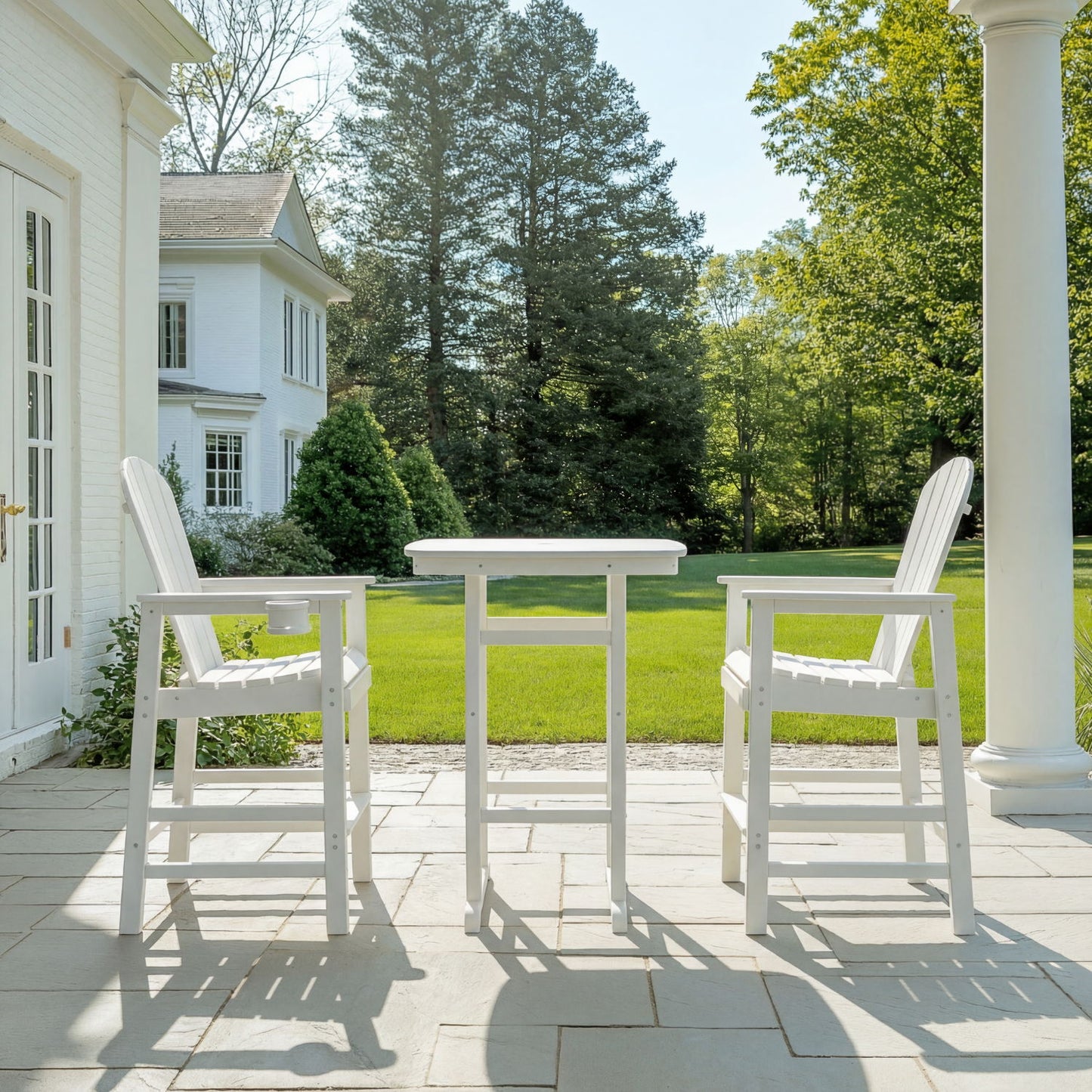 Outdoor Bar Height Adirondack Patio Chair With Cup Holder And Armrests All Weather UV Resistant - White