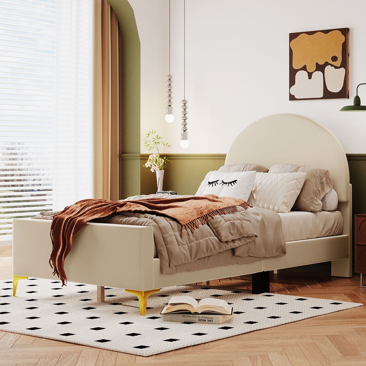 Upholstered Platform Bed With Classic Semi-Circle Shaped Headboard