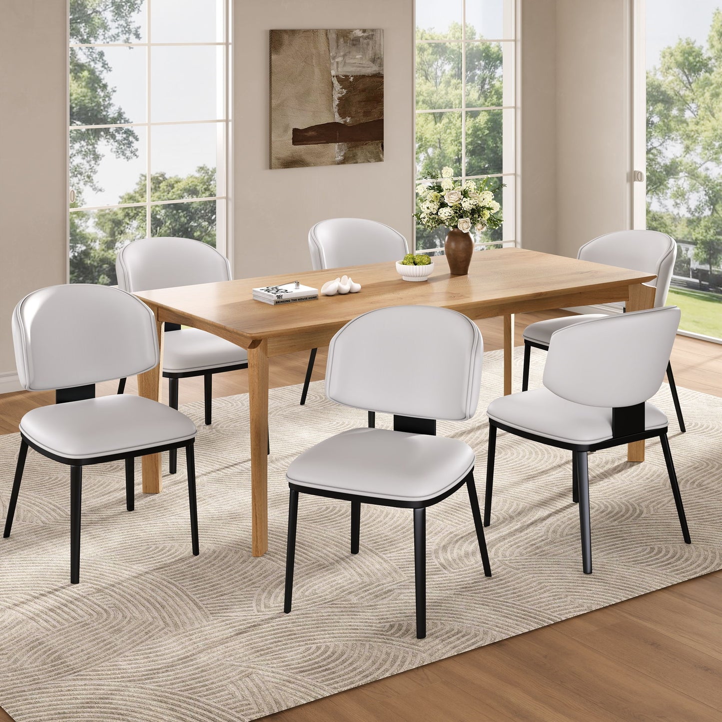7 Pieces Contemporary Dining Set With Faux Leather Chairs