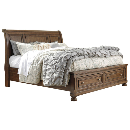 Queen Sleigh Storage Bed in Burnished Brown Finish