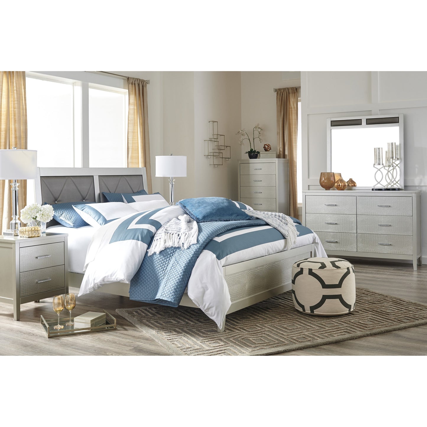 Glam Bedroom Mirror with Upholstered Panels