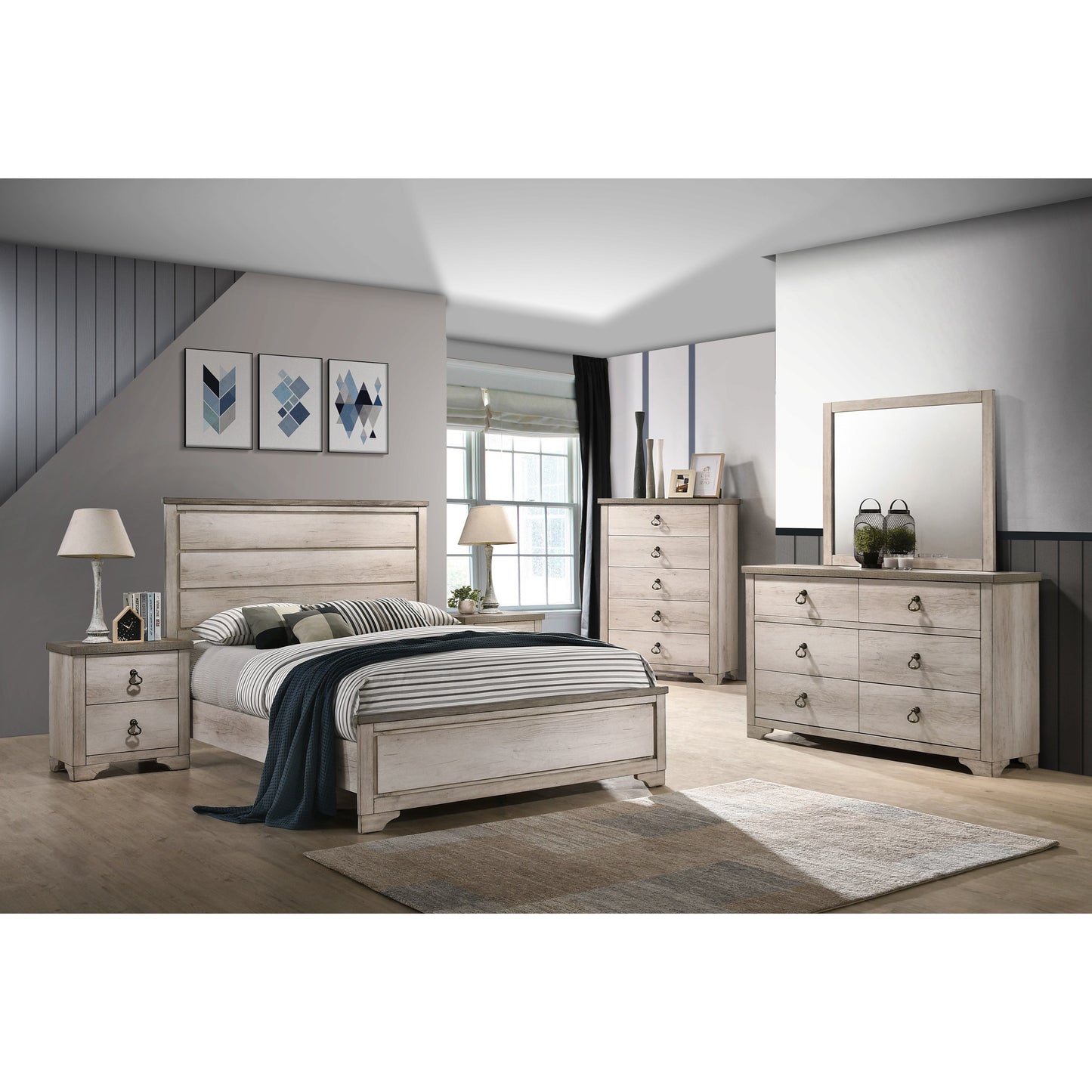 Queen Coastal Cottage Distressed Panel Bed