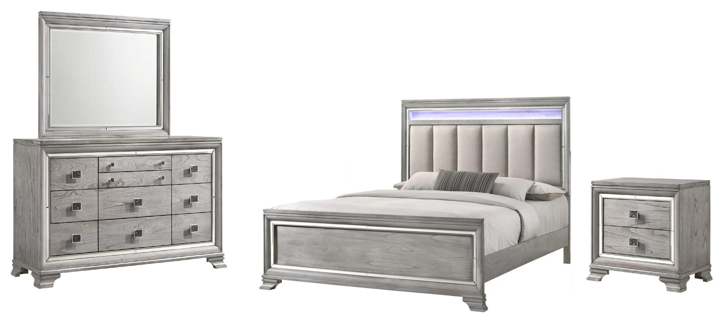 East King Bed Dresser Mirror and 1 Nightstand