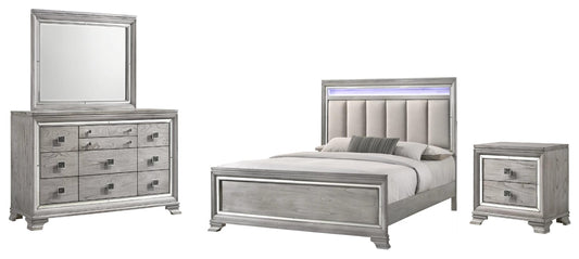 East King Bed Dresser Mirror and 1 Nightstand