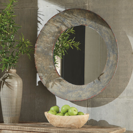 Carine Distressed Gray Round Metal Accent Mirror