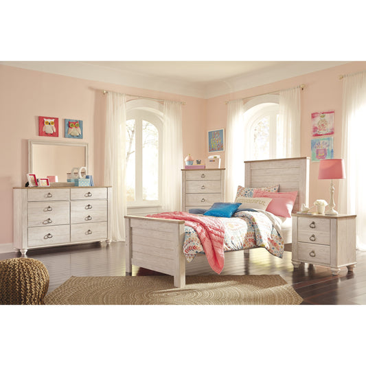 Two-Tone Twin Panel Bed in Washed White Finish with Rustic Top Trim