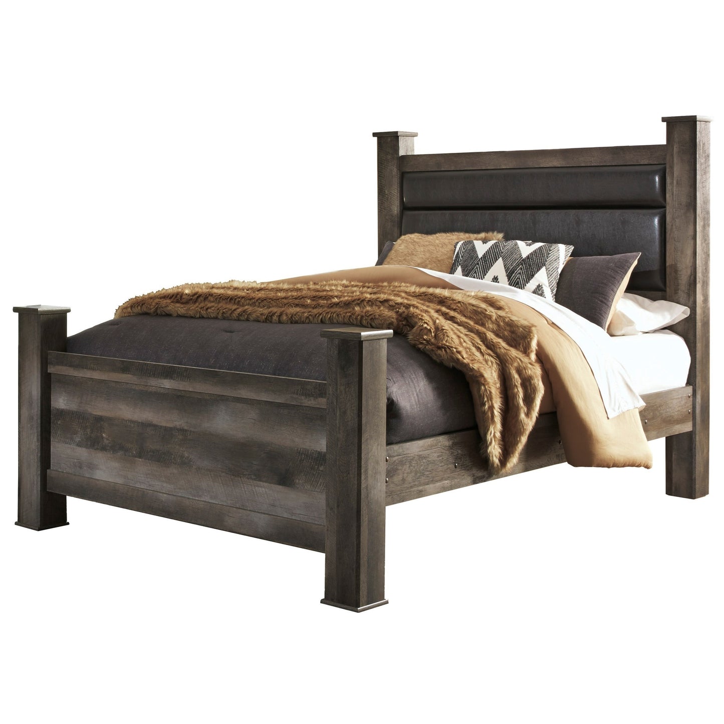 Queen Rustic Poster Bed with Upholstered Headboard